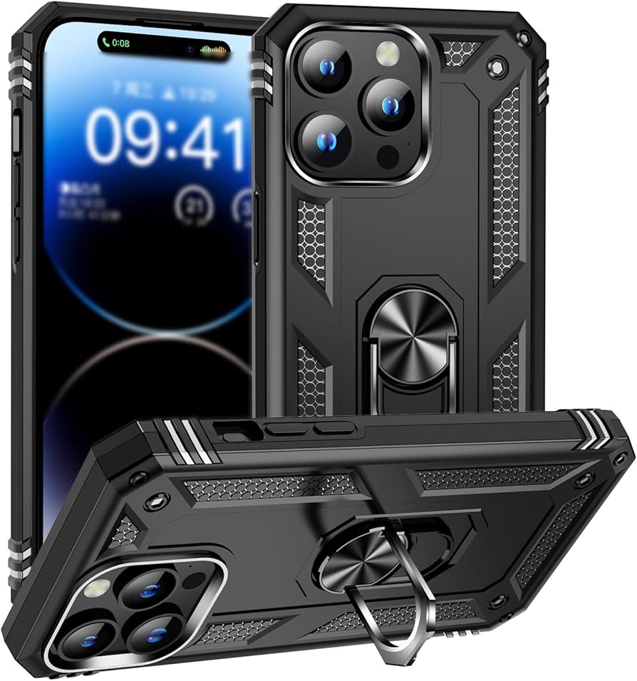 Phone 14 360°リングスタンドミリタリー耐衝撃電話ケース黒14 6.1 Phone 14 360°リングスタンドミリタリー耐衝撃電話ケース黒14